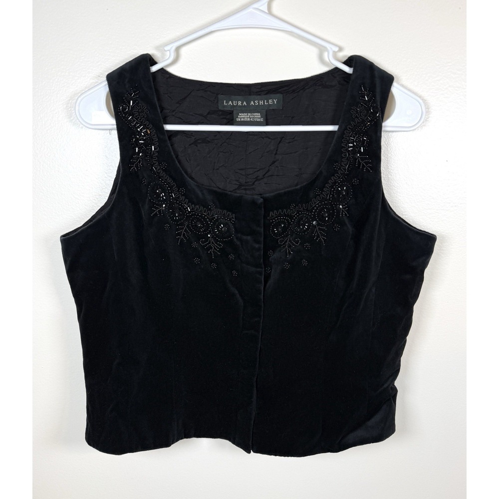 Vintage Laura Ashley Black Embroidered Beaded Velvet Vest Size 12 Fairy Goth